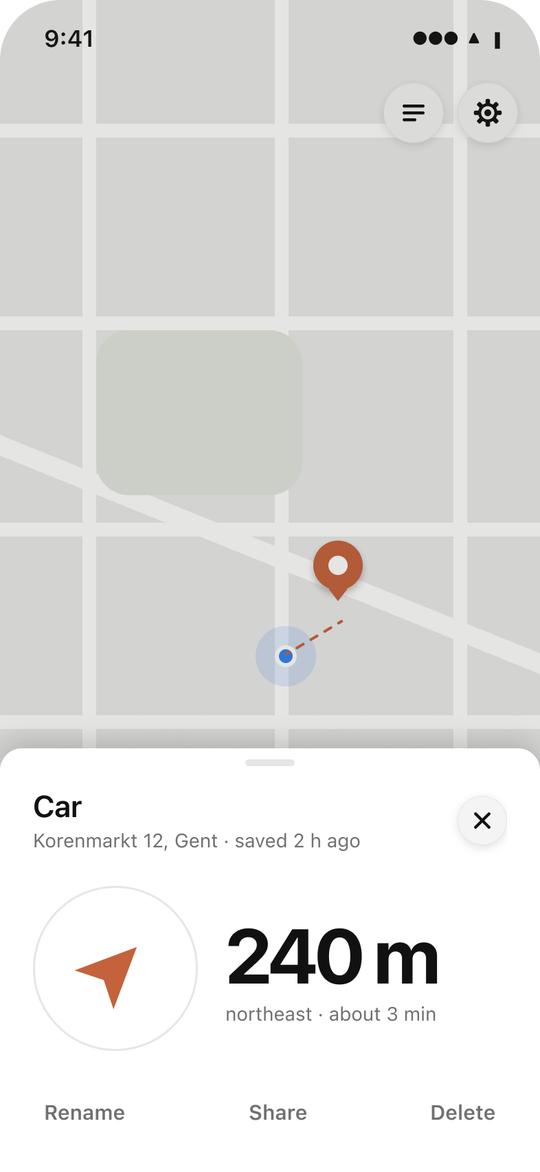 Pebble showing a saved pin named Car, 240 m northeast, about 3 min away